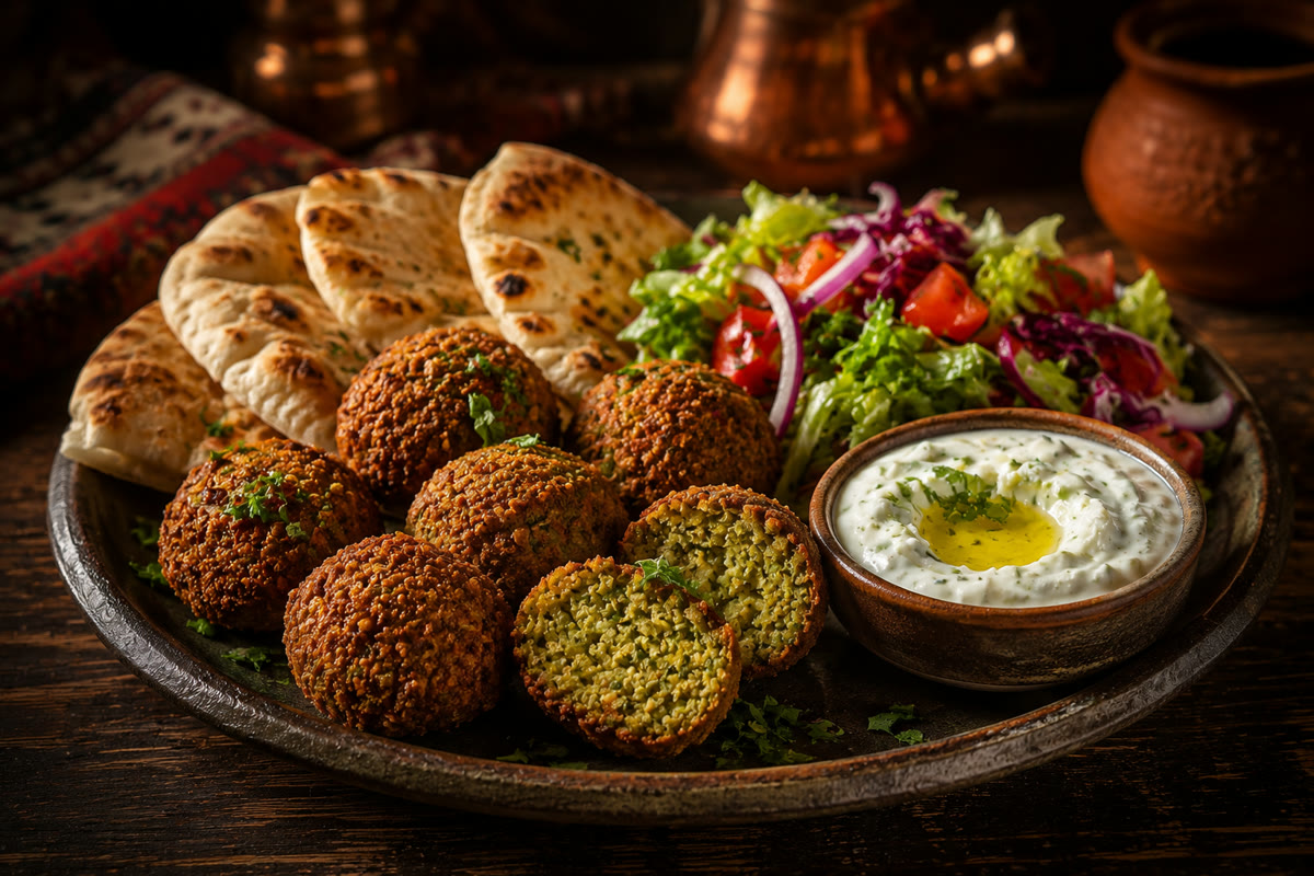 Arabische Falafel im Fladenbrot mit Salat und Tzatziki im Restaurant Mozaik Heide