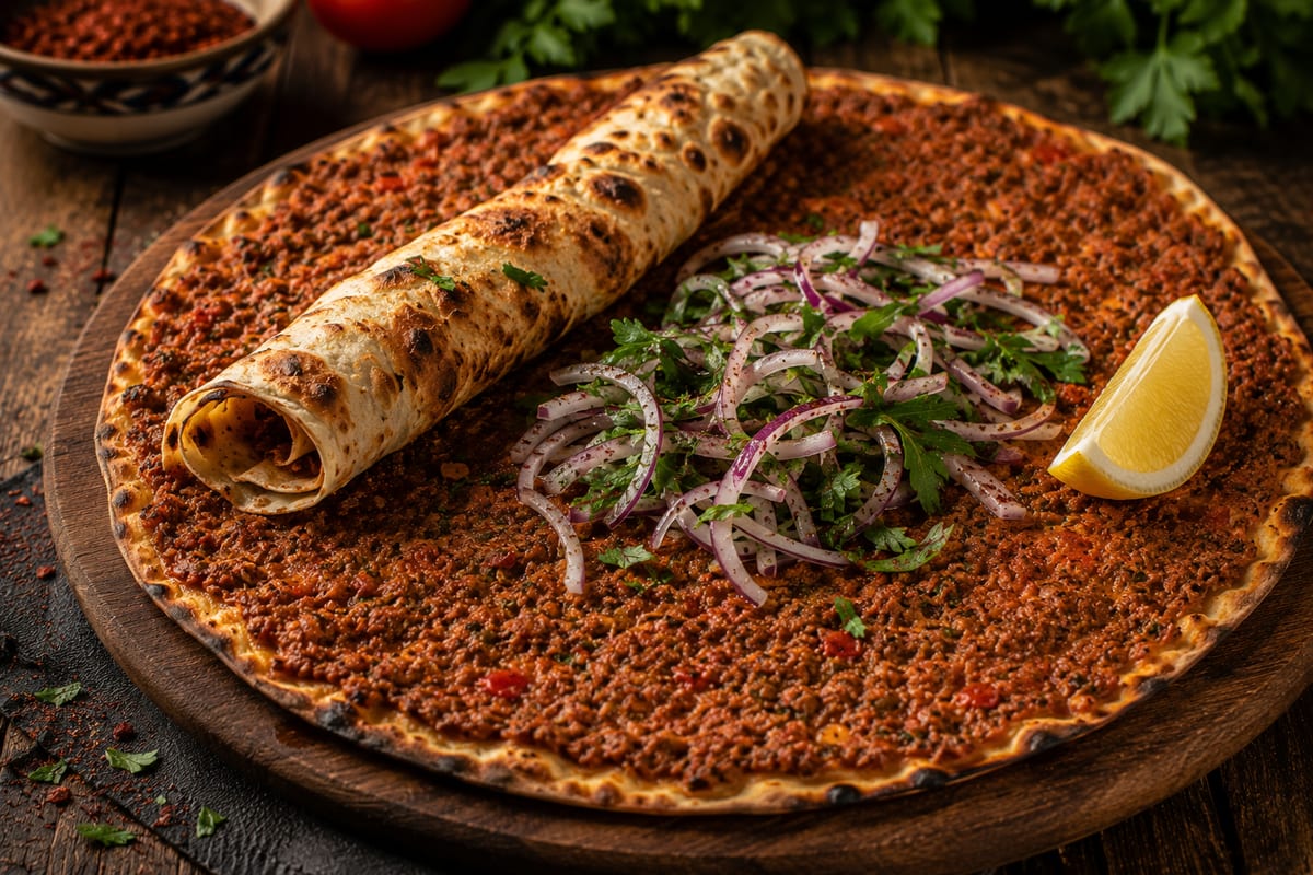 Lahmacun mit Lammhack, Zwiebeln und Zitrone im Mozaik Heide