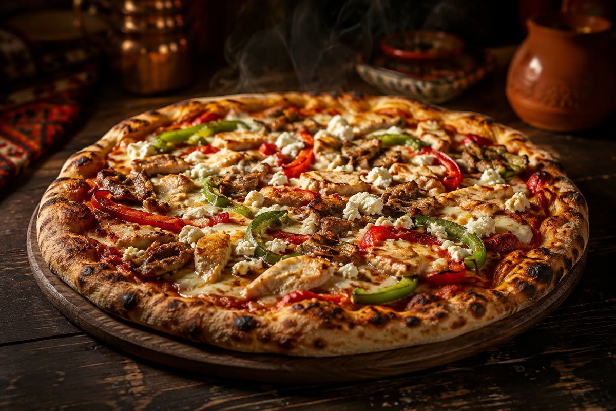 Pizza Mozaik mit Paprika, Weichkäse und Fleisch aus dem Ofen im Restaurant Mozaik Heide